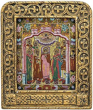 Schuler Auktionen AG - Heiligenikone mit Glasperlenoklad und Rahmen