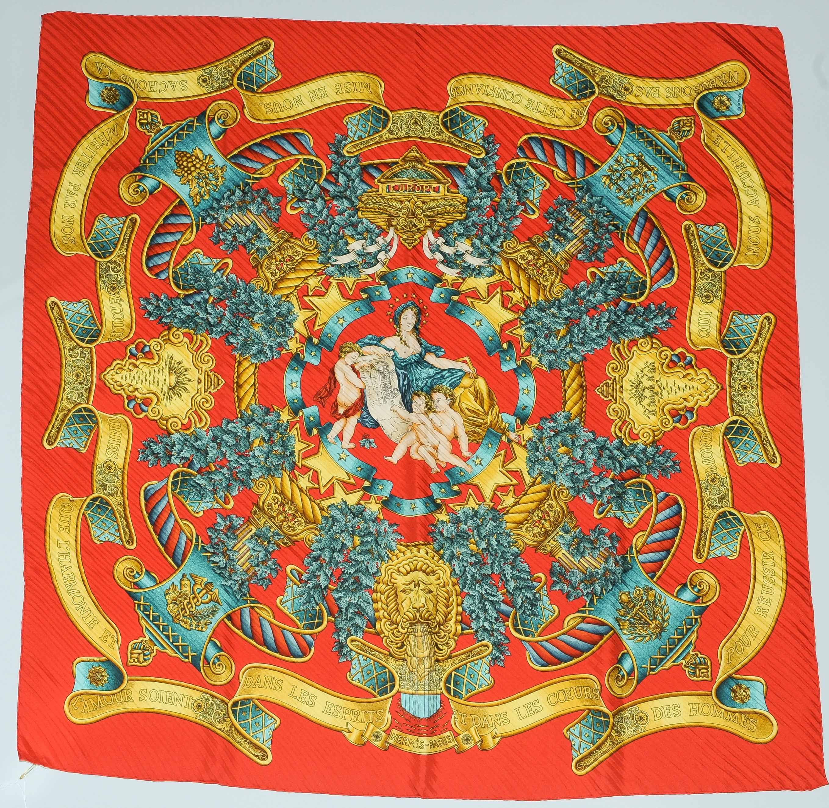 Carré Plissé HERMÈS Point D'Orgue Bleu Multicolore - Soie Twill - Excellent état