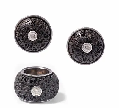 Schuler Auktionen AG - Set: Diamant-Lavastein-Ohrclip und Ring