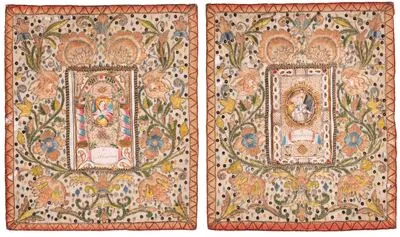 Schuler Auktionen AG - 2 Spitzenbilder mit Stickereien "Hl. Katharina"/"Hl. Bernhard"