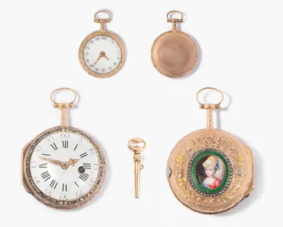 Schuler Auktionen AG - Gold-Taschenuhr mit Emailminiatur, um 1780 & Kalender in Form einer Miniatur-Goldtaschenuhr, um 1800