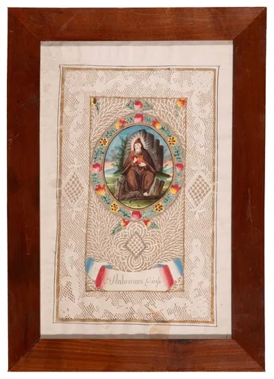 Schuler Auktionen AG - 2 Spitzenbilder "Hl. Antonius d. Einsiedler"/"Hl. Gertrud"