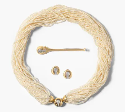 Schuler Auktionen AG - Set: Anstecknadel, Ohrclips & Perlcollier