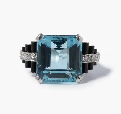 Schuler Auktionen AG - Art Déco Aquamarin-Diamant-Email-Ring