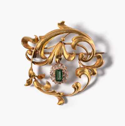 Schuler Auktionen AG - Antike Jugendstil Smaragd-Diamant-Brosche